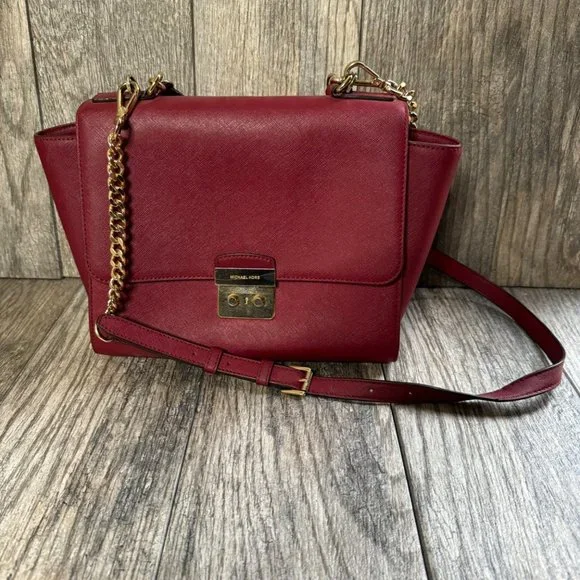Michael Kors Brandi Womens Maroon Leather Gold Trim Top Handle Satchel Bag Purse - Picture 1 of 14